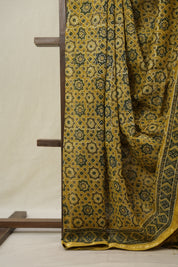 Mustard Yellow Ajrakh Cotton Silk Saree With Maheshwari Border - SRMYACSS1511