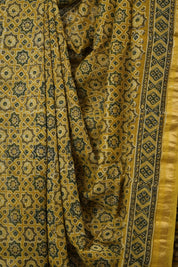 Mustard Yellow Ajrakh Cotton Silk Saree With Maheshwari Border - SRMYACSS1511