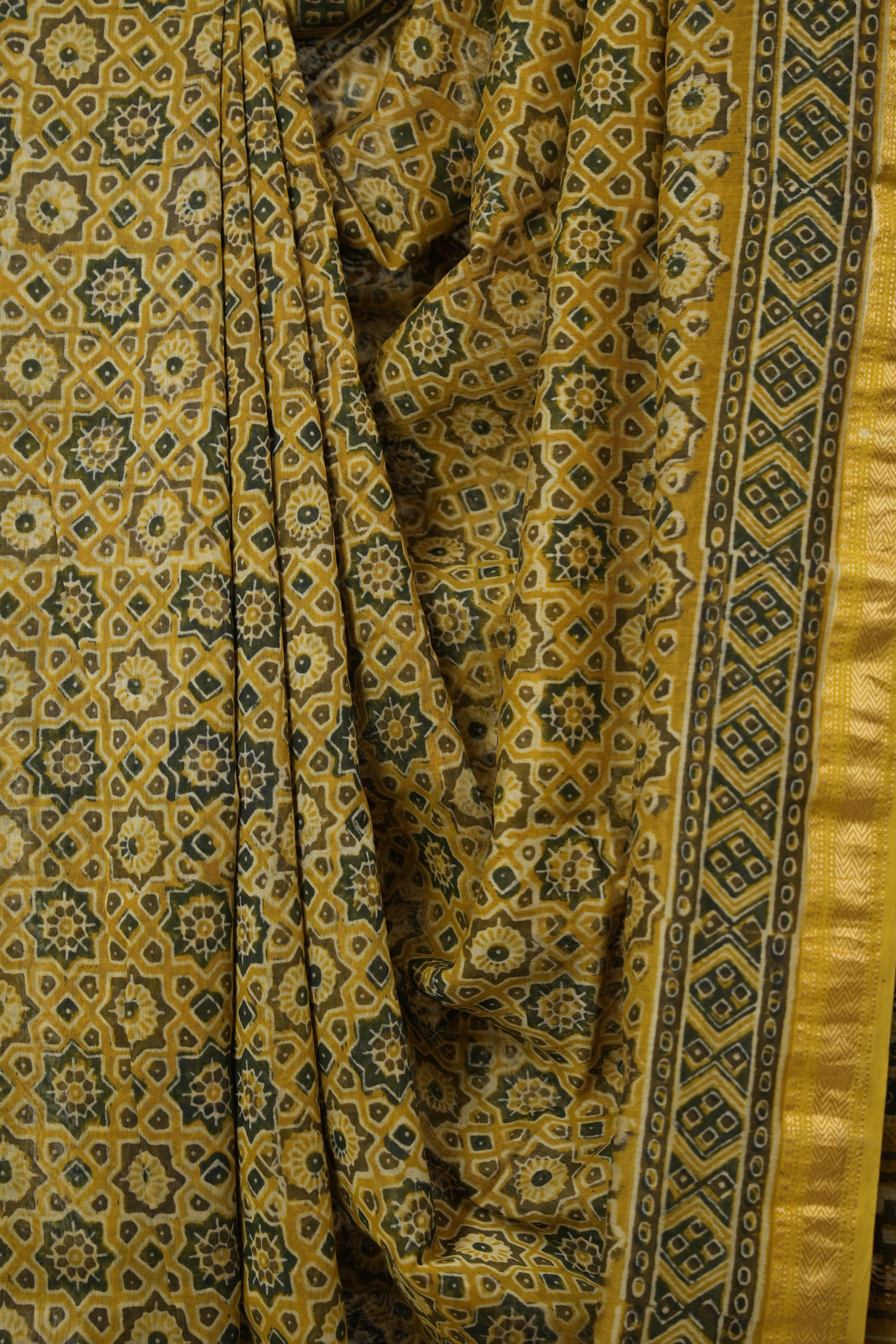 Mustard Yellow Ajrakh Cotton Silk Saree With Maheshwari Border - SRMYACSS1511