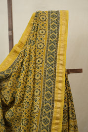 Mustard Yellow Ajrakh Cotton Silk Saree With Maheshwari Border - SRMYACSS1511