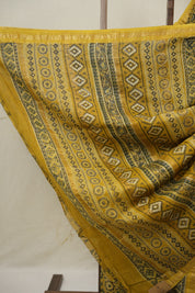 Mustard Yellow Ajrakh Cotton Silk Saree With Maheshwari Border - SRMYACSS1511