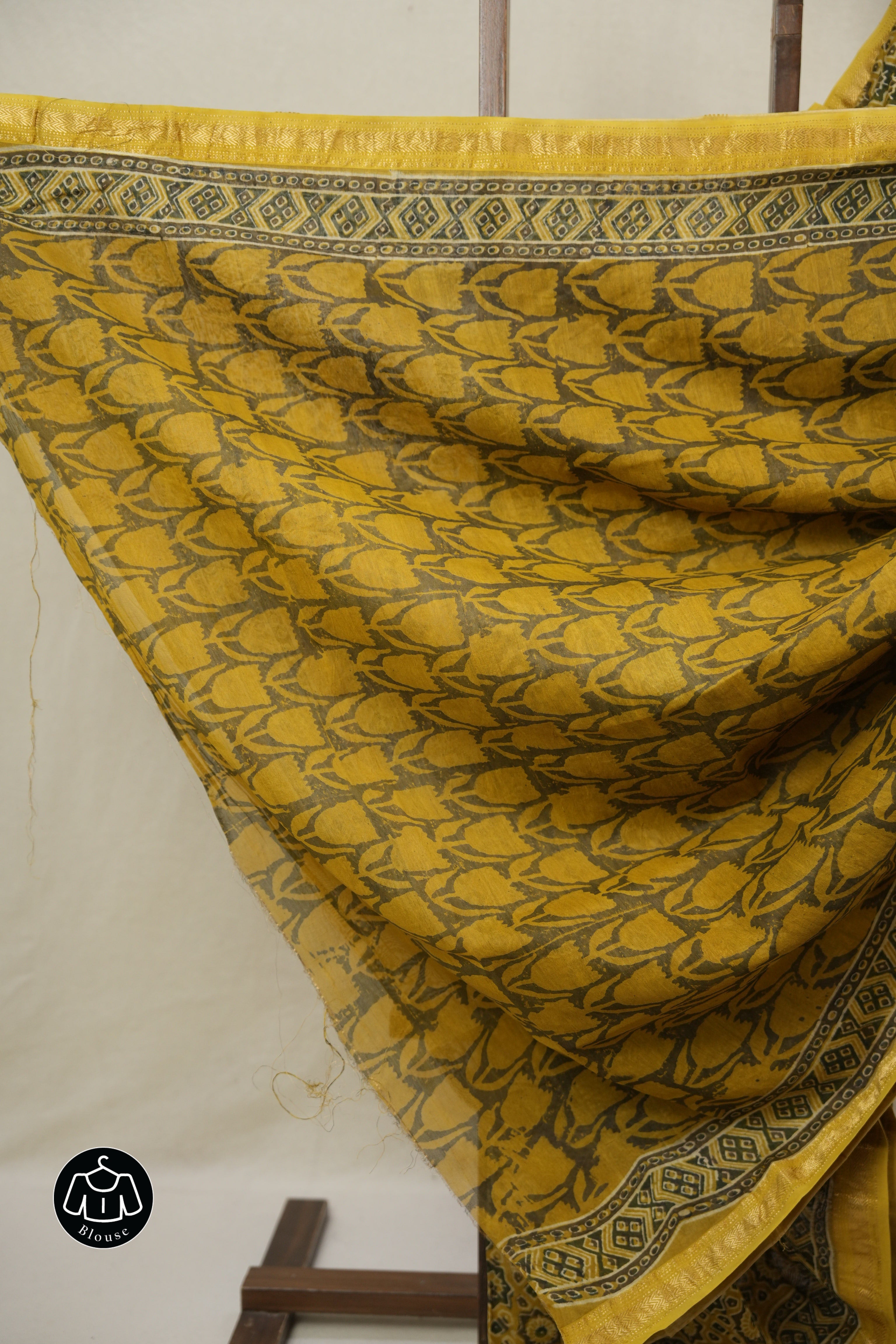 Mustard Yellow Ajrakh Cotton Silk Saree With Maheshwari Border - SRMYACSS1511