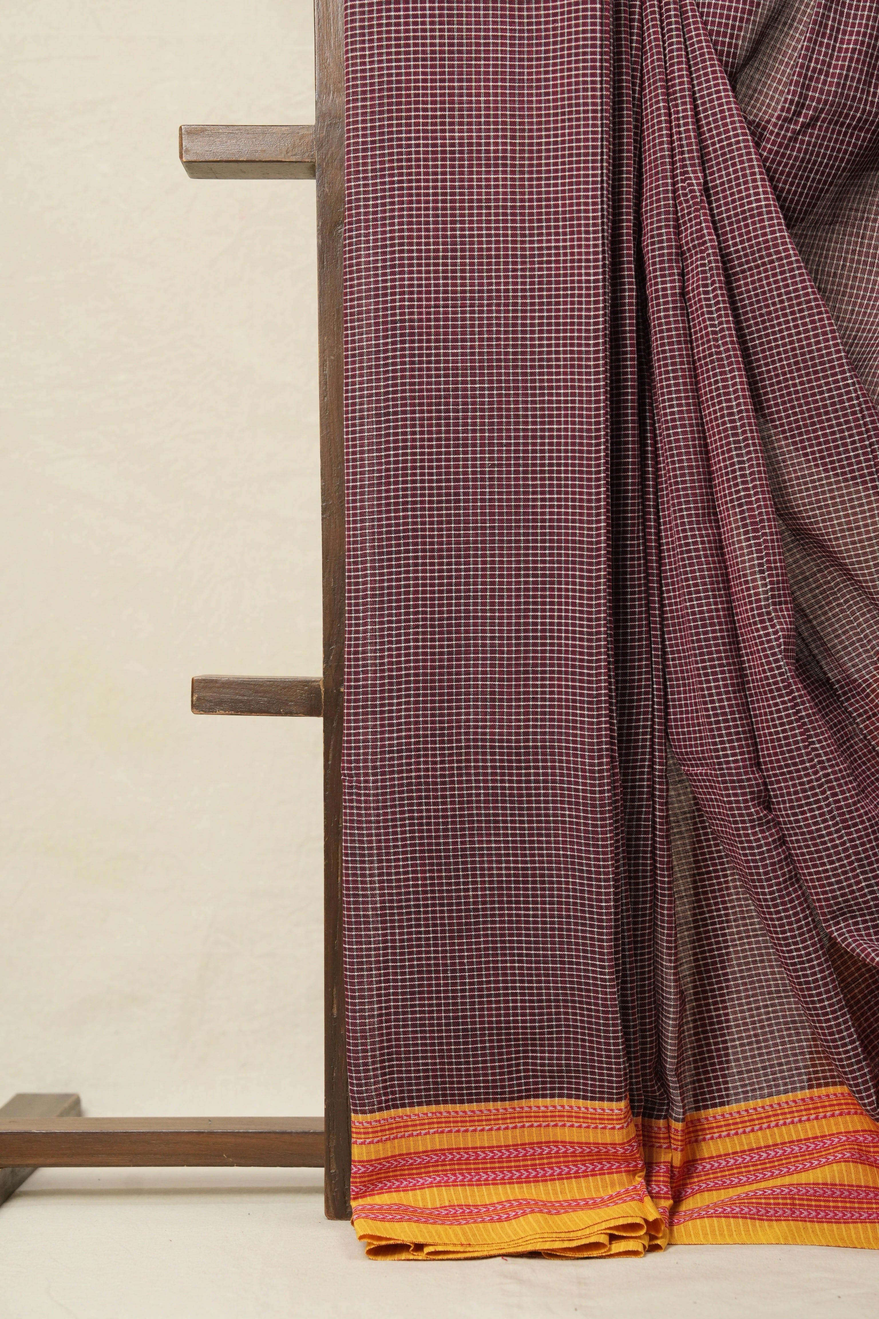 Maroon Small Checks Cotton Patteda Anchu Saree With Red-Yellow Gomi Border - SRMSPAS4