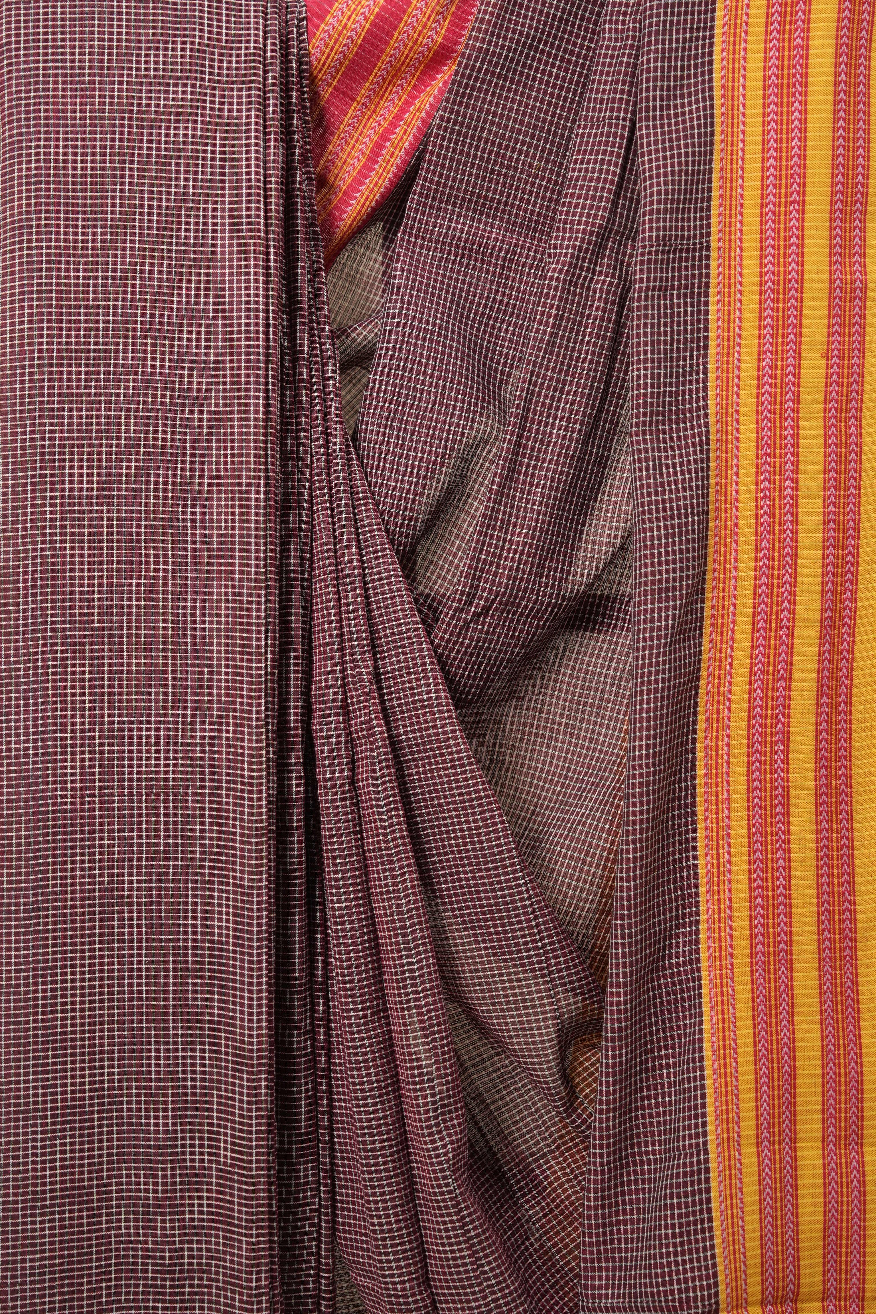 Maroon Small Checks Cotton Patteda Anchu Saree With Red-Yellow Gomi Border - SRMSPAS4