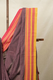 Maroon Small Checks Cotton Patteda Anchu Saree With Red-Yellow Gomi Border - SRMSPAS4