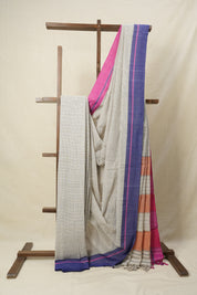 Off-White Big Checks Cotton Patteda Anchu Saree - SROWPAS158
