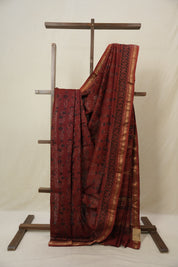 Maroon Ajrakh Cotton Silk Saree With Maheshwari Border - SRMACSS1512
