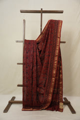 Maroon Ajrakh Cotton Silk Saree With Maheshwari Border - SRMACSS1512