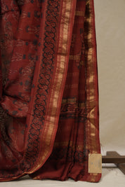 Maroon Ajrakh Cotton Silk Saree With Maheshwari Border - SRMACSS1512