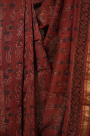 Maroon Ajrakh Cotton Silk Saree With Maheshwari Border - SRMACSS1512