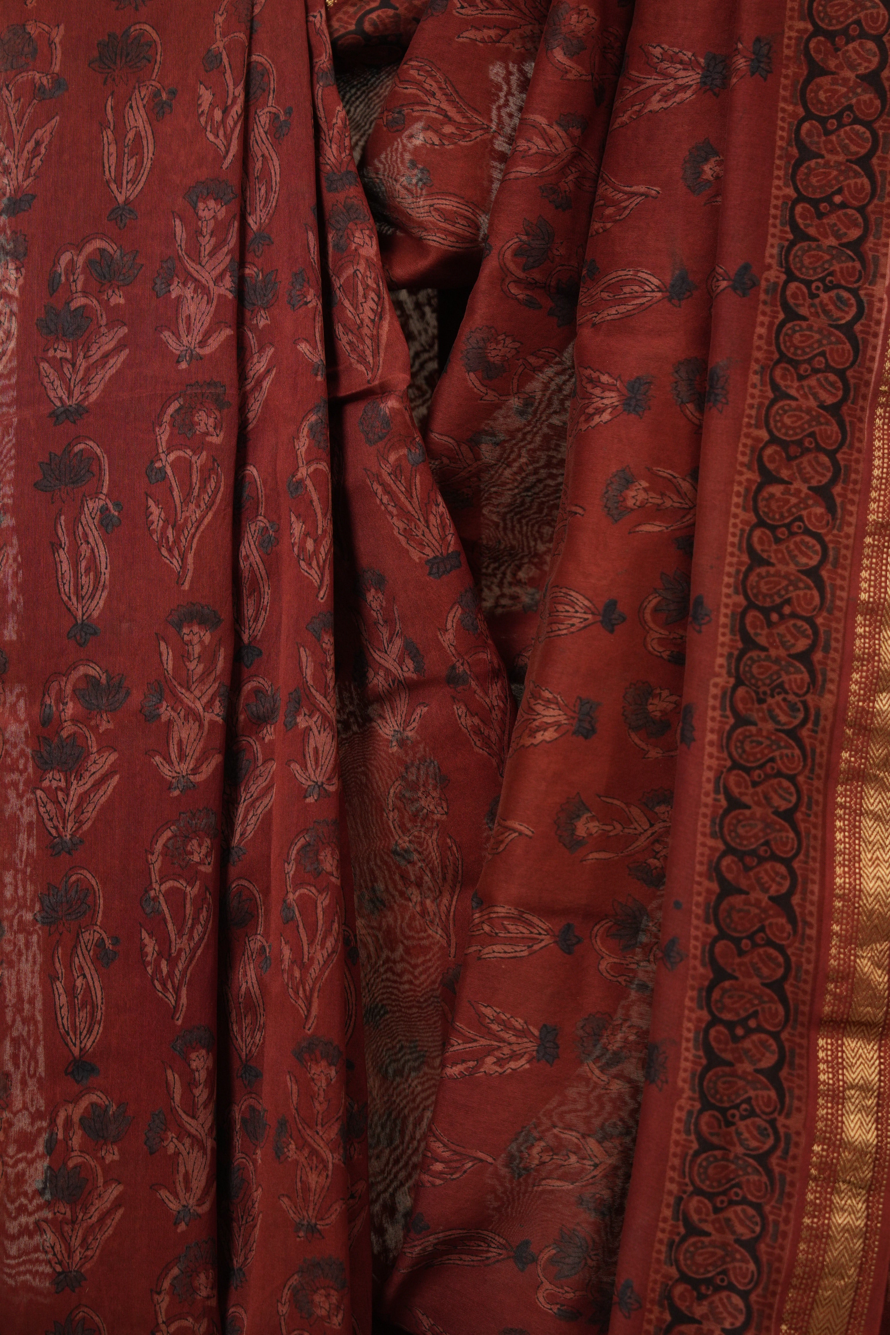 Maroon Ajrakh Cotton Silk Saree With Maheshwari Border - SRMACSS1512