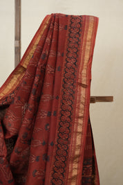 Maroon Ajrakh Cotton Silk Saree With Maheshwari Border - SRMACSS1512