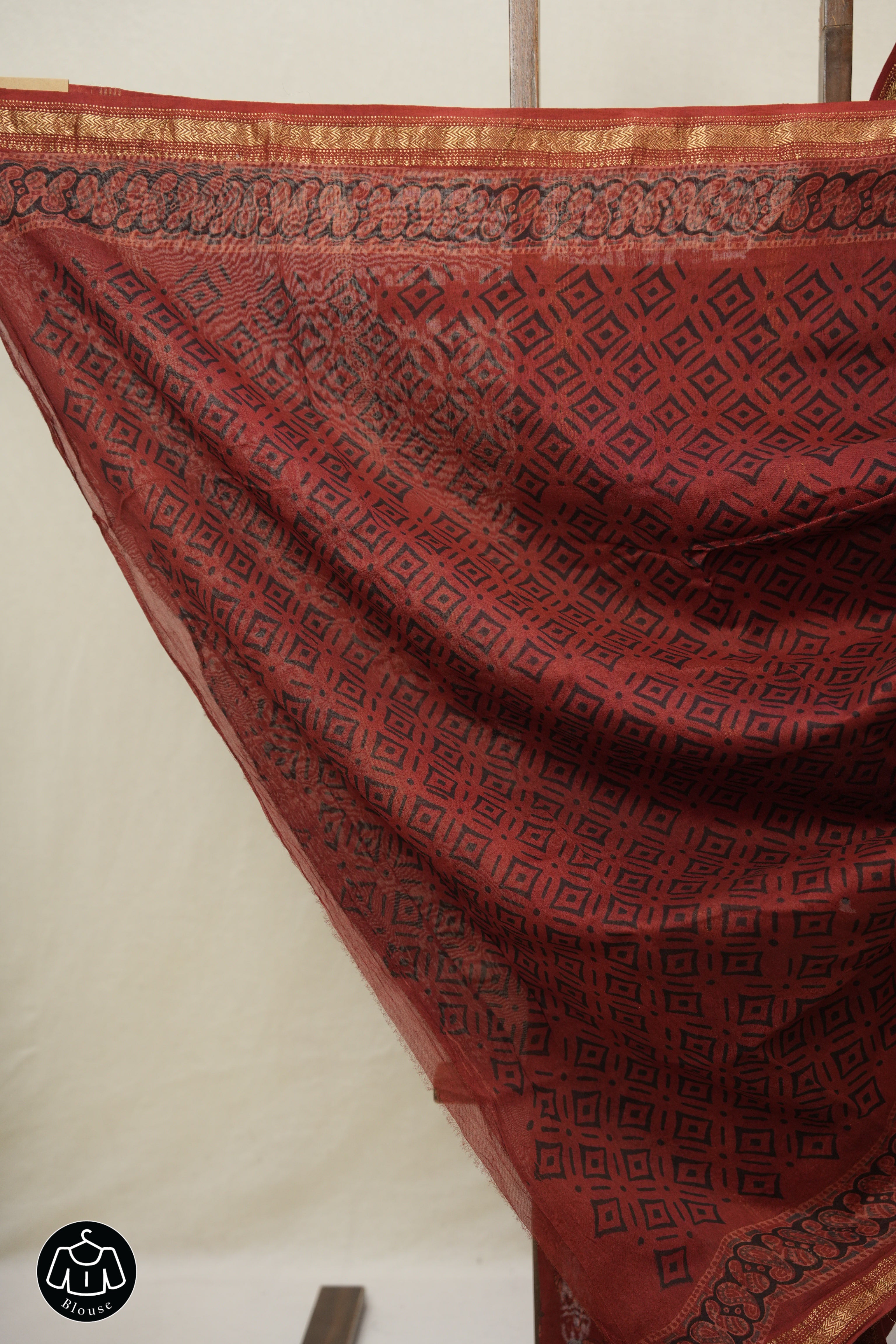 Maroon Ajrakh Cotton Silk Saree With Maheshwari Border - SRMACSS1512
