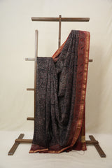 Black Ajrakh Cotton Silk Saree With Maheshwari Border - SRBACSS1509