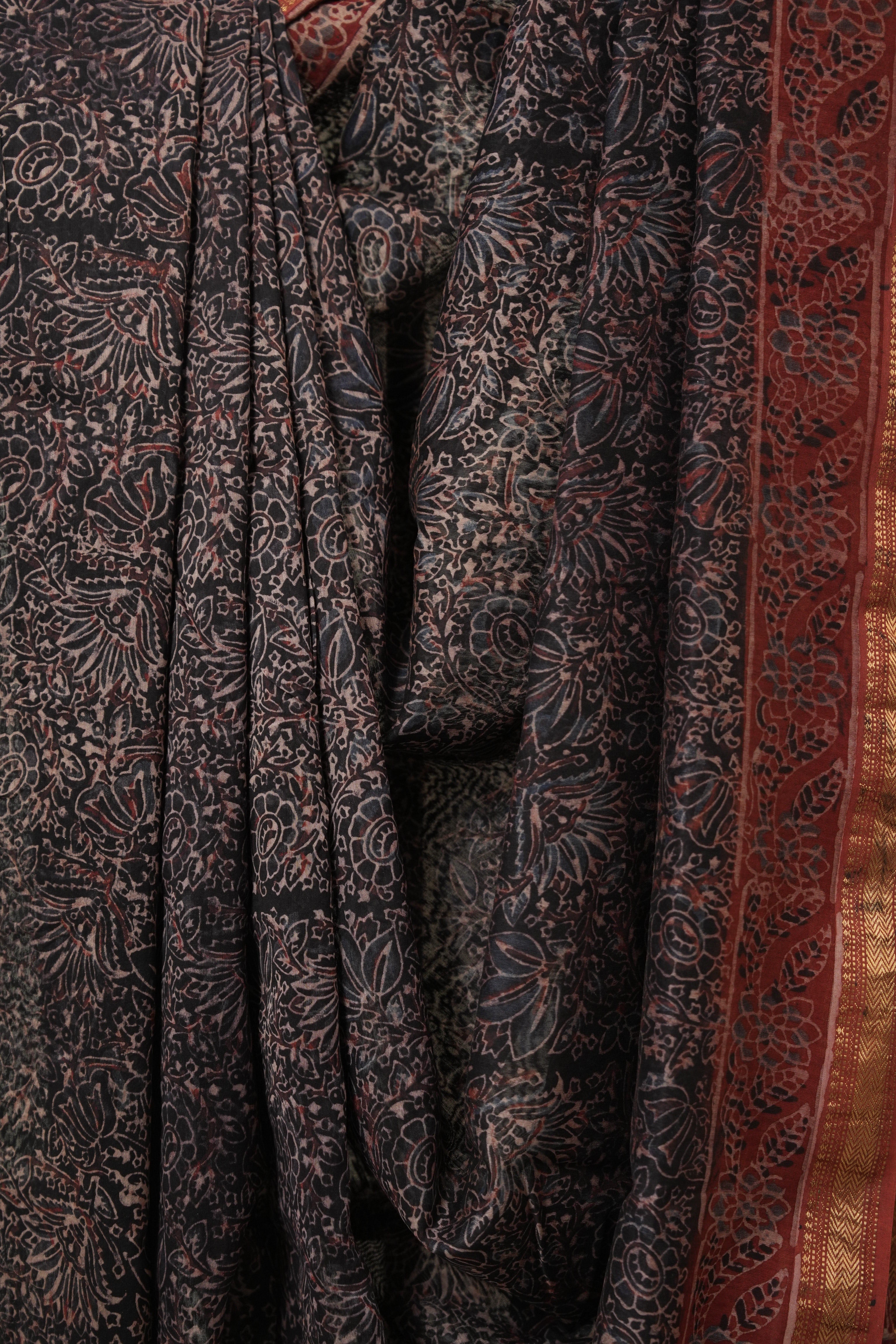 Black Ajrakh Cotton Silk Saree With Maheshwari Border - SRBACSS1509