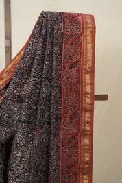 Black Ajrakh Cotton Silk Saree With Maheshwari Border - SRBACSS1509