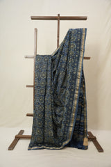Blue Ajrakh Cotton Silk Saree With Maheshwari Border - SRBACSS1510