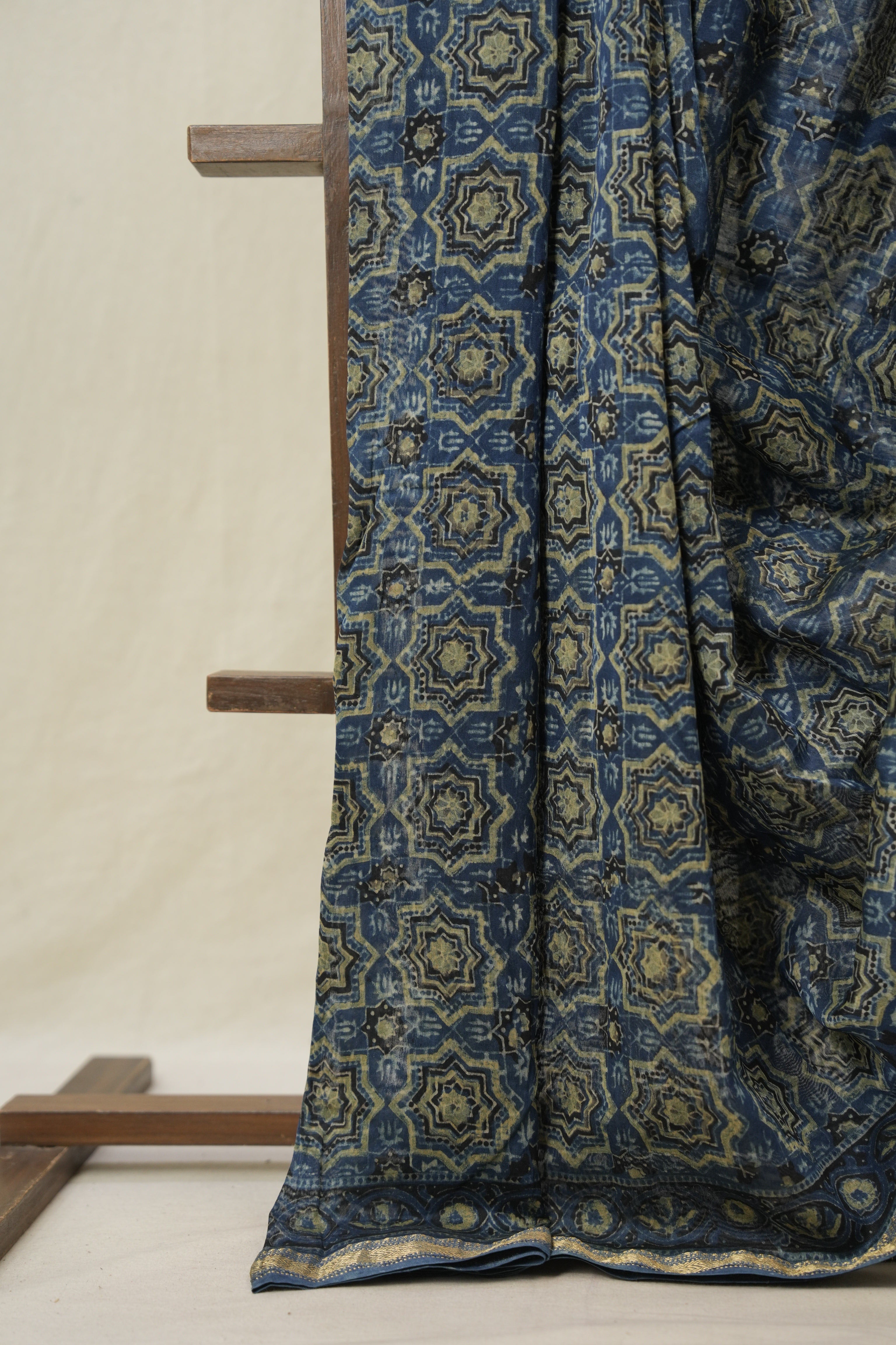 Blue Ajrakh Cotton Silk Saree With Maheshwari Border - SRBACSS1510
