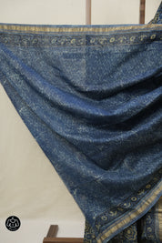 Blue Ajrakh Cotton Silk Saree With Maheshwari Border - SRBACSS1510