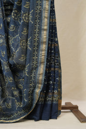 Blue Ajrakh Cotton Silk Saree With Maheshwari Border - SRBACSS1508