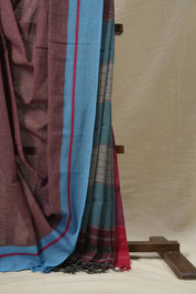 Maroon Small Checks Cotton Patteda Anchu Saree With Blue-Red Border - SRMPAS69