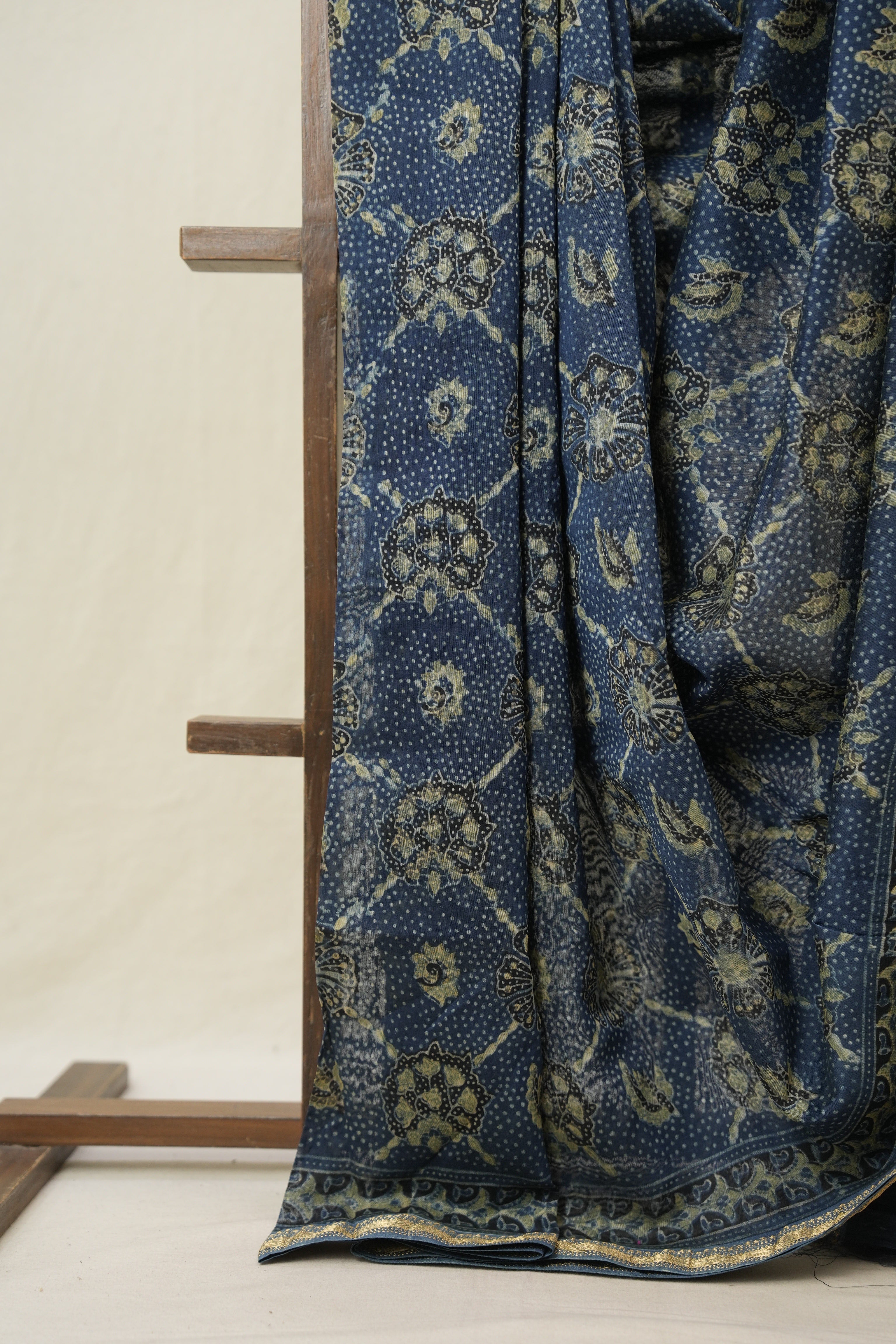 Blue Ajrakh Cotton Silk Saree With Maheshwari Border - SRBACSS1508
