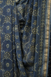 Blue Ajrakh Cotton Silk Saree With Maheshwari Border - SRBACSS1508