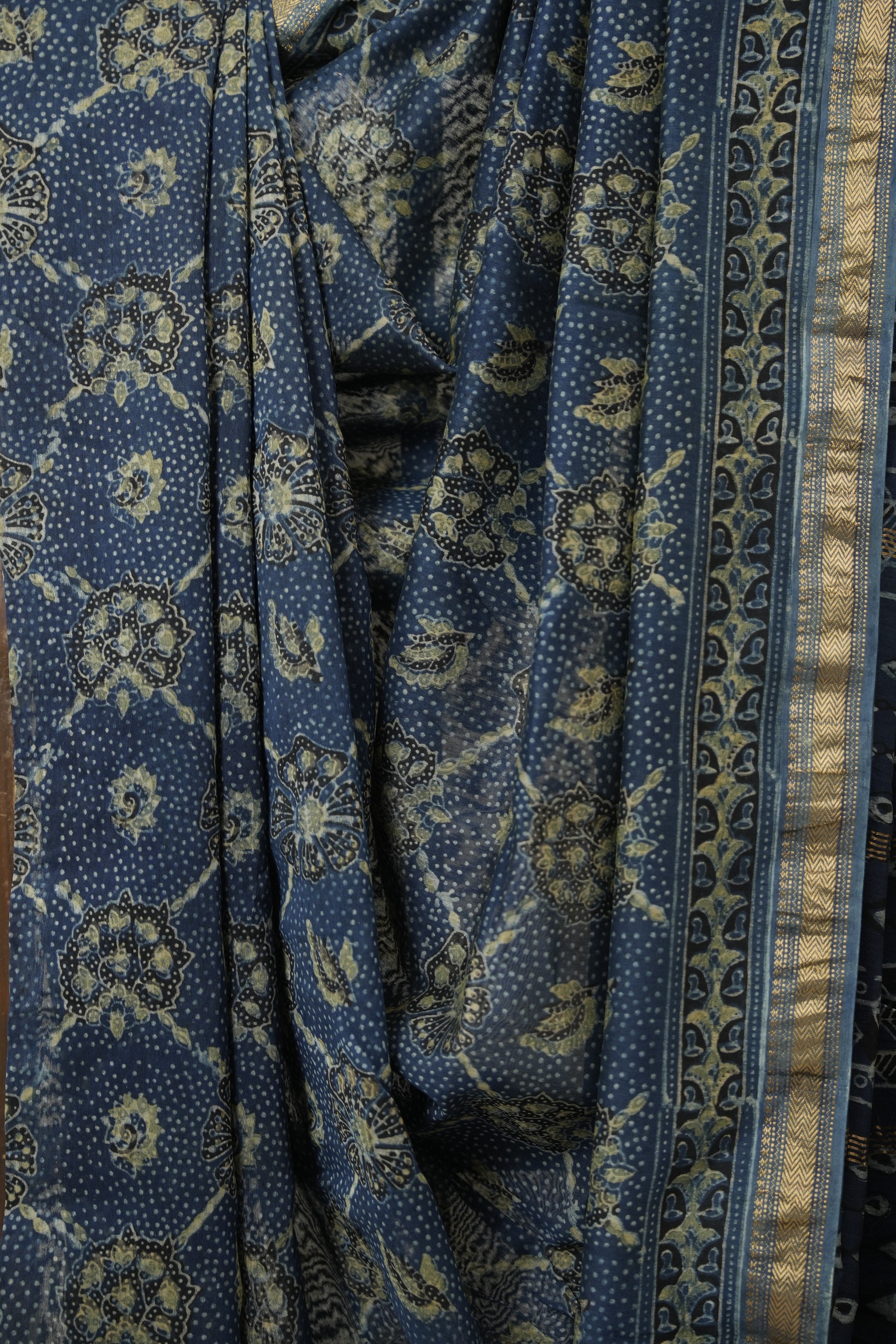 Blue Ajrakh Cotton Silk Saree With Maheshwari Border - SRBACSS1508