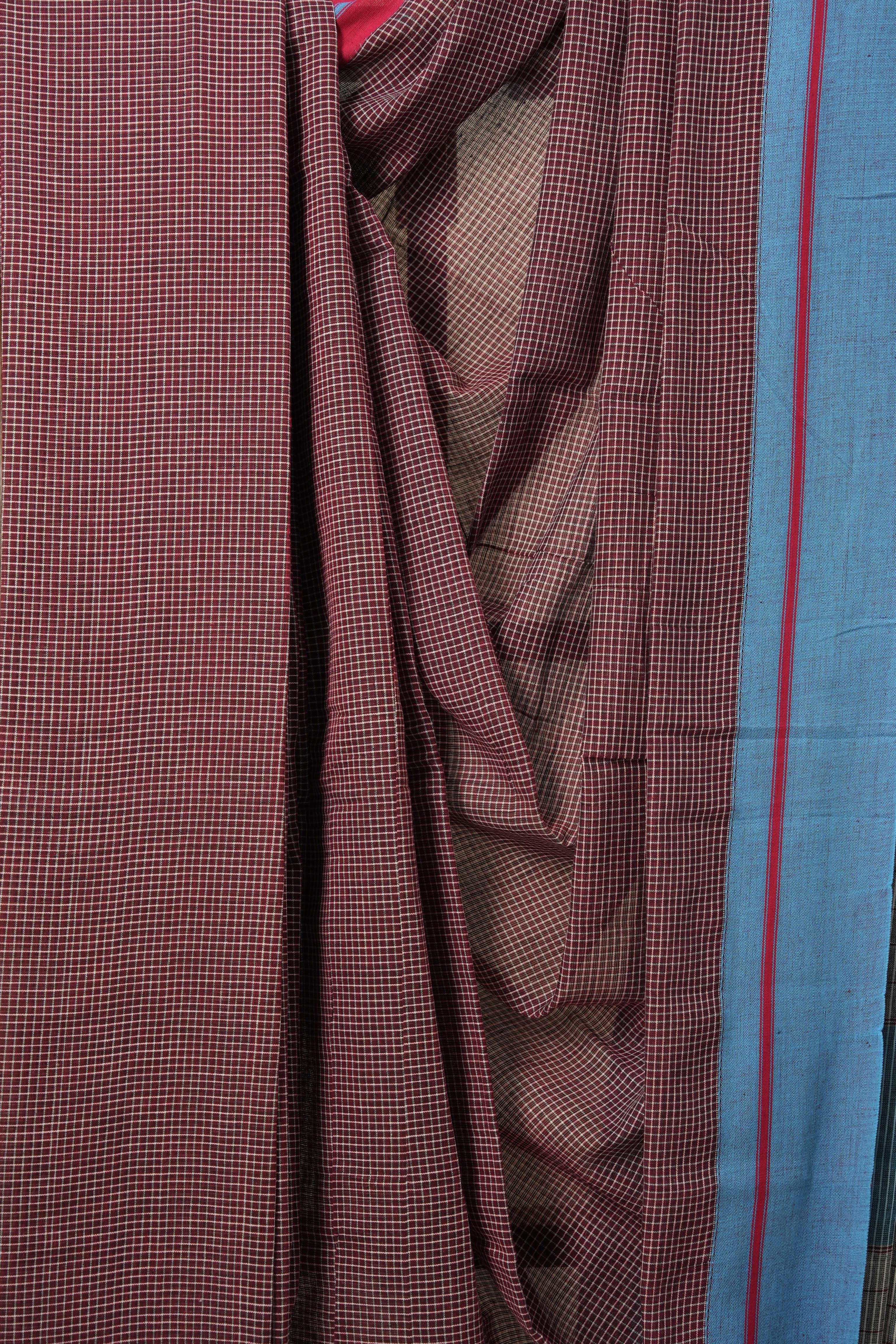 Maroon Small Checks Cotton Patteda Anchu Saree With Blue-Red Border - SRMPAS69
