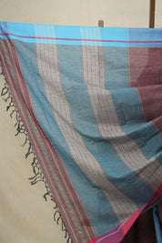 Maroon Small Checks Cotton Patteda Anchu Saree With Blue-Red Border - SRMPAS69