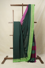 Dark Green Plain Cotton Patteda Anchu Saree - SRDGPAS119
