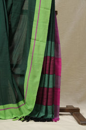 Dark Green Plain Cotton Patteda Anchu Saree - SRDGPAS119