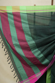 Dark Green Plain Cotton Patteda Anchu Saree - SRDGPAS119