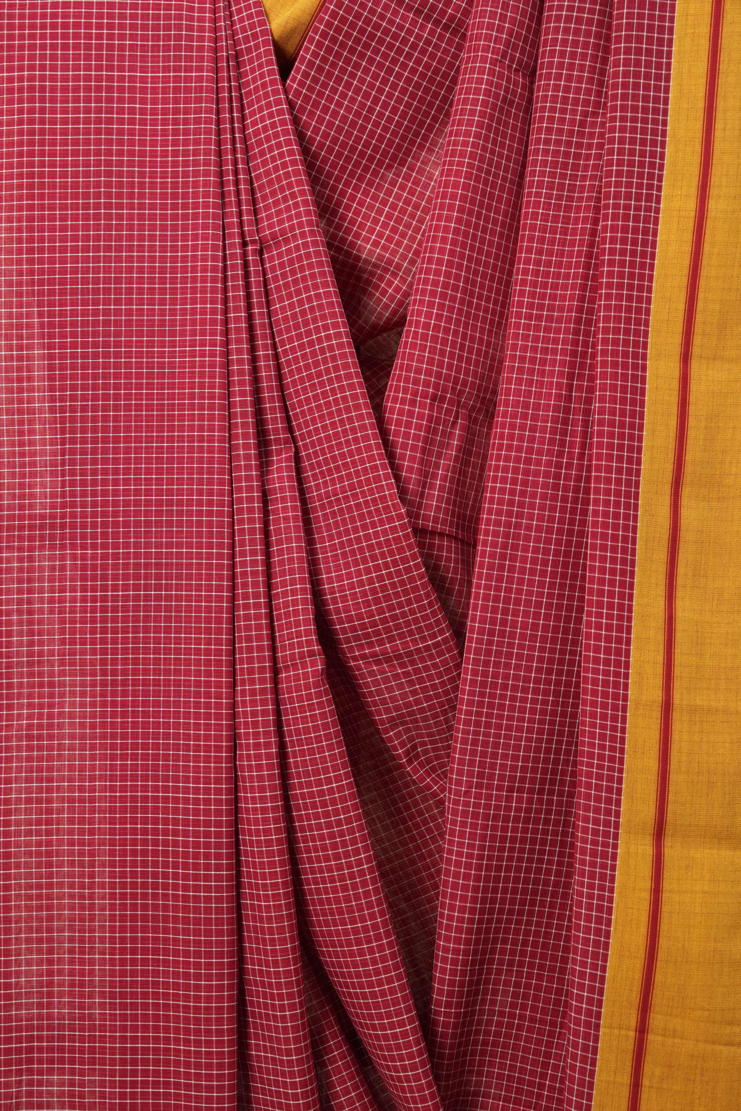 Red Big Checks Cotton Patteda Anchu Saree - SRRPAS172