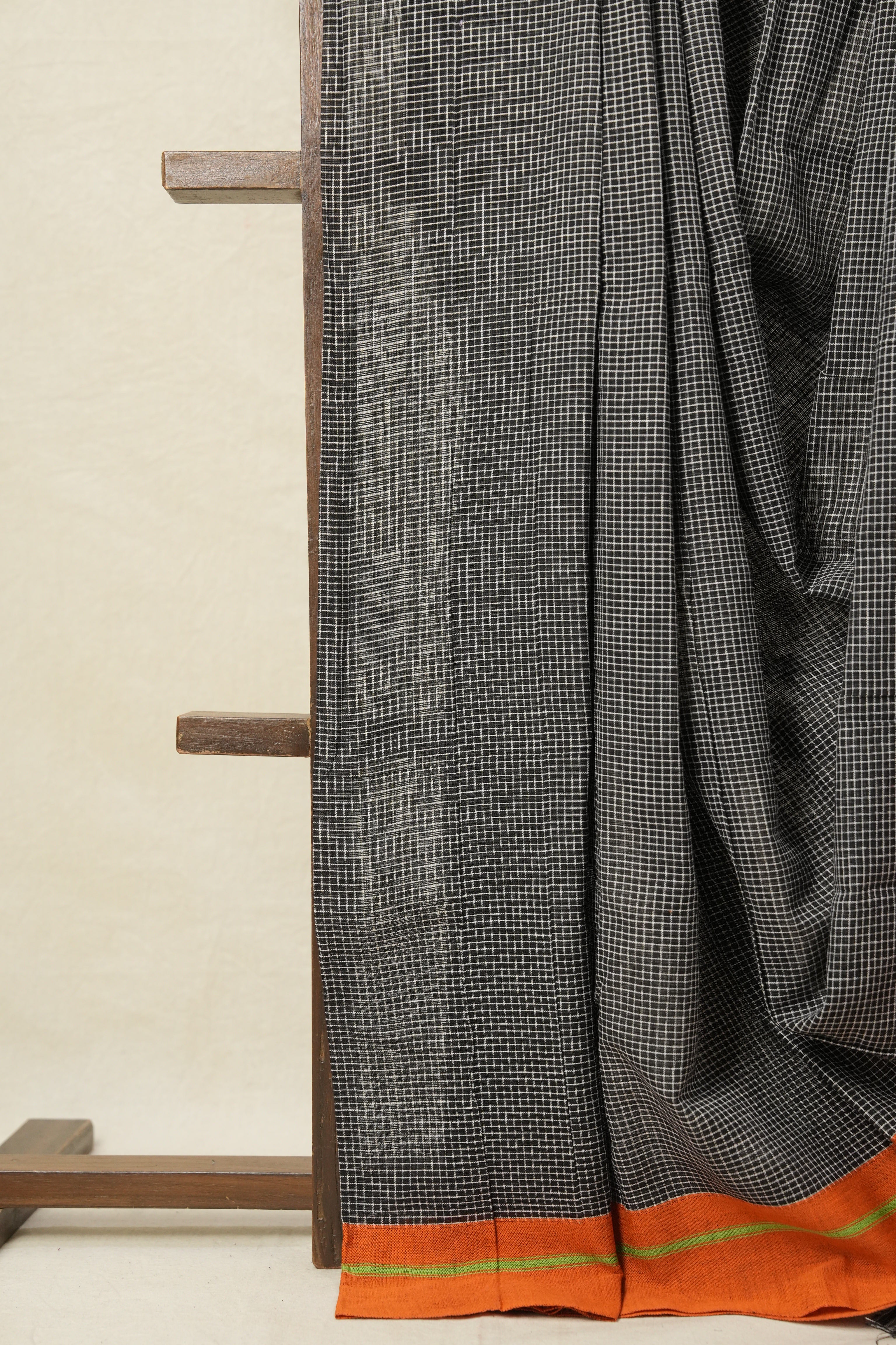 Black Small Checks Cotton Patteda Anchu Saree - SRBCPAS12