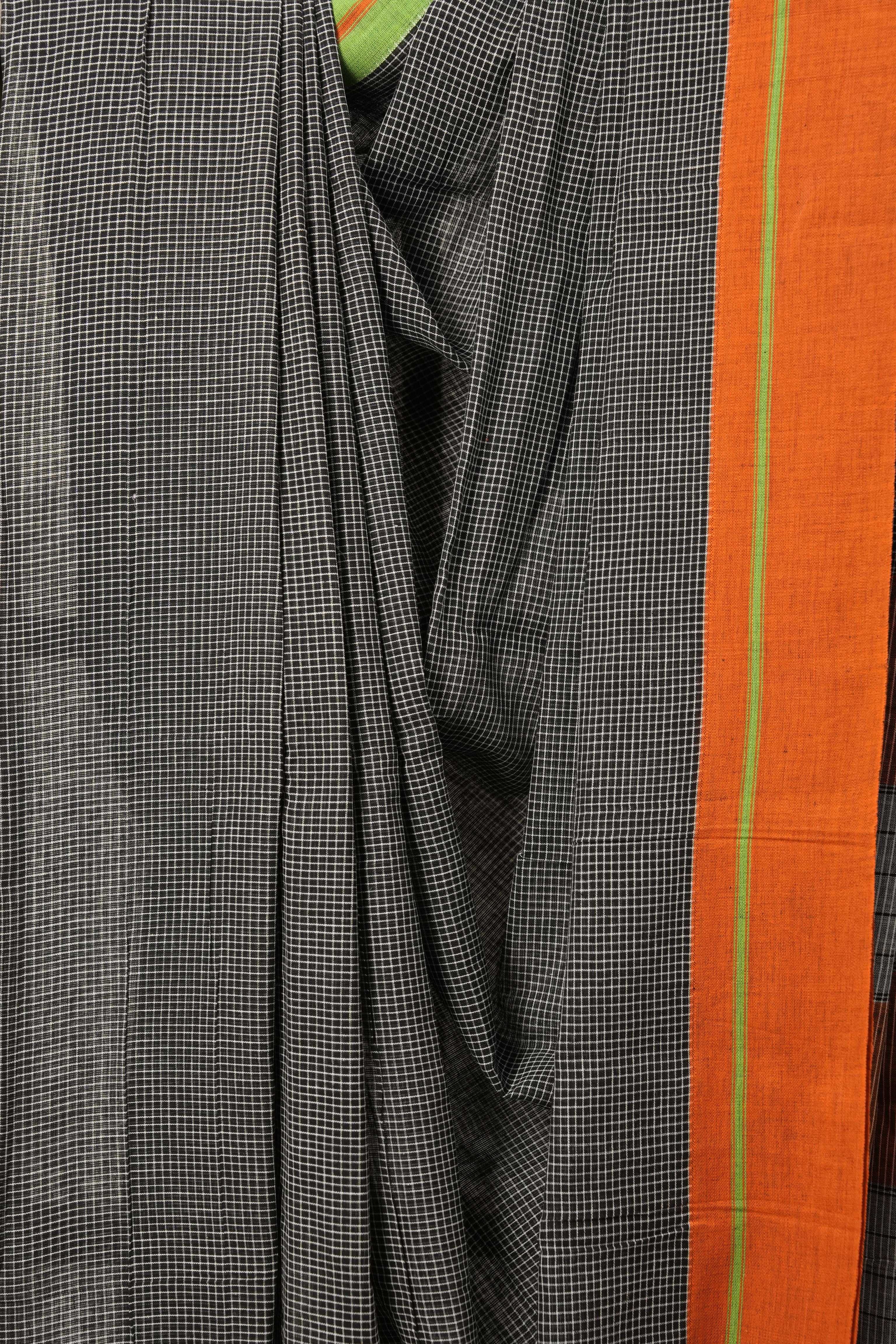Black Small Checks Cotton Patteda Anchu Saree - SRBCPAS12
