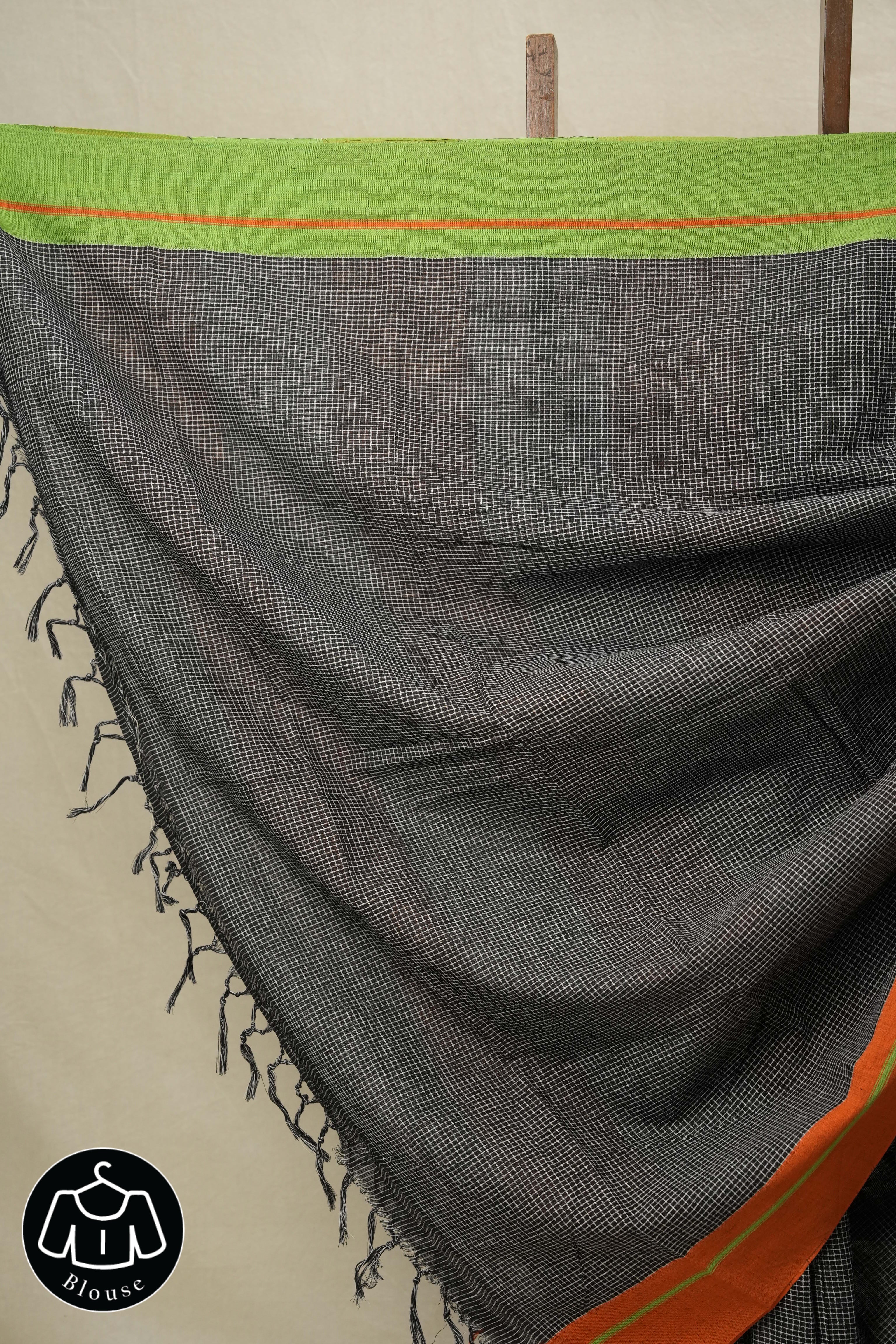 Black Small Checks Cotton Patteda Anchu Saree - SRBCPAS12