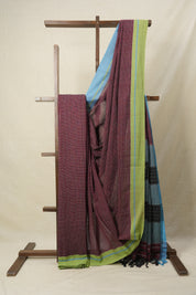 Maroon Big Checks Cotton Patteda Anchu Saree With Blue-Green Border - SRMPAS43EX
