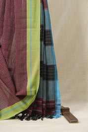 Maroon Big Checks Cotton Patteda Anchu Saree With Blue-Green Border - SRMPAS43EX