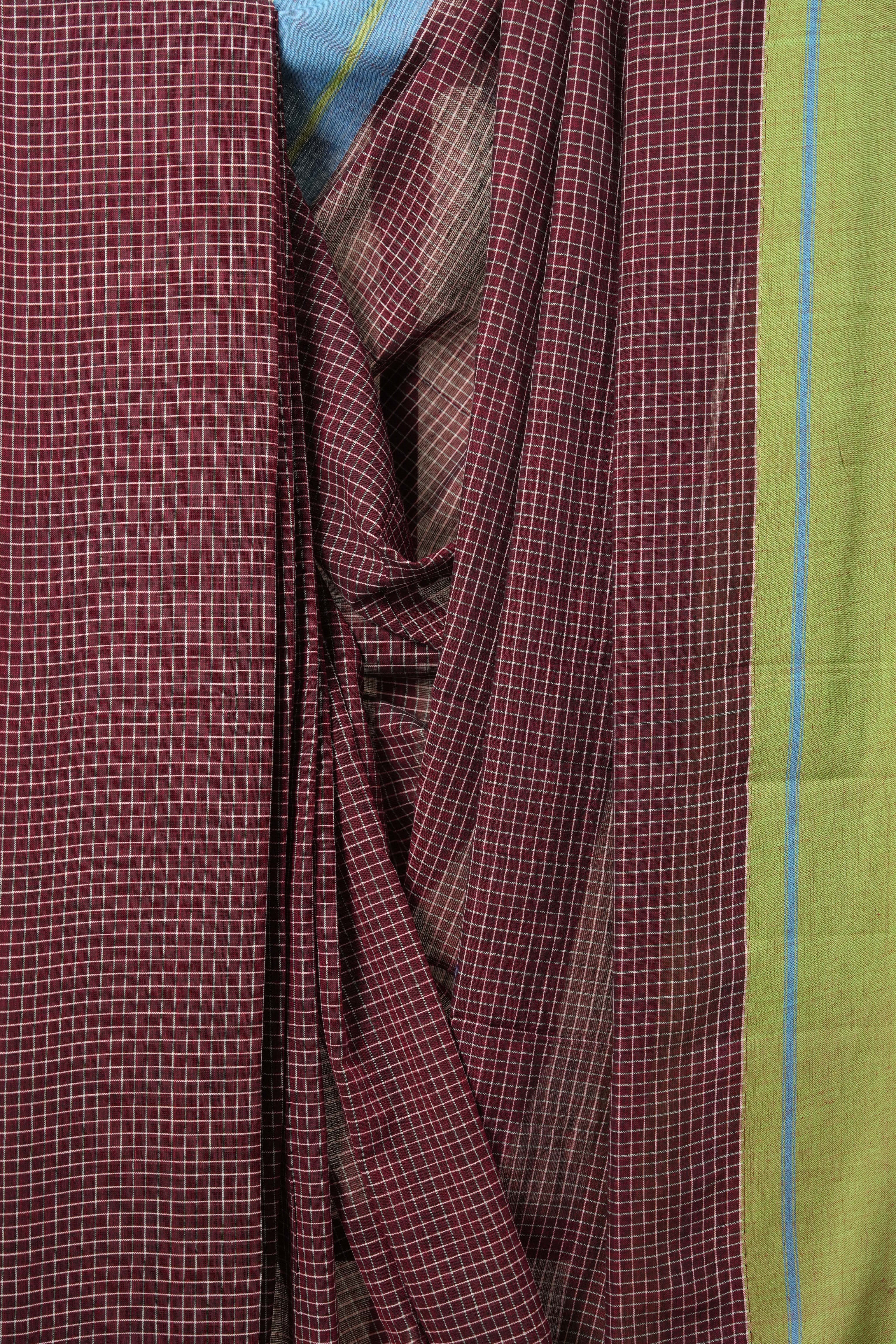 Maroon Big Checks Cotton Patteda Anchu Saree With Blue-Green Border - SRMPAS43EX