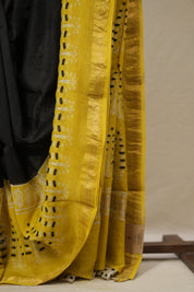 Black Cotton Silk Saree With Maheshwari Border - SRBCSS1494