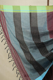 Maroon Big Checks Cotton Patteda Anchu Saree With Blue-Green Border - SRMPAS43EX