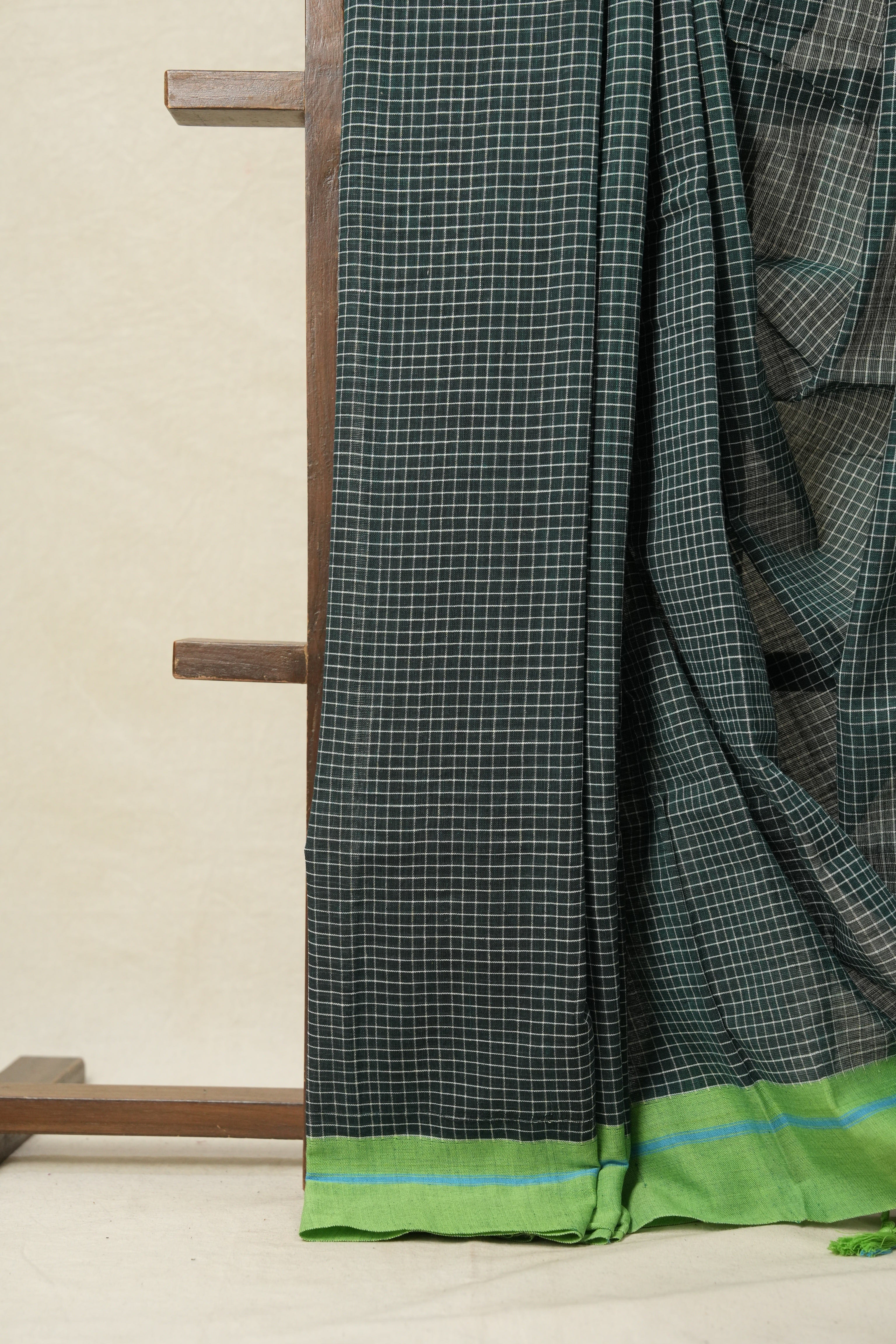 Green Big Checks Cotton Patteda Anchu Saree-SRGCPAS140