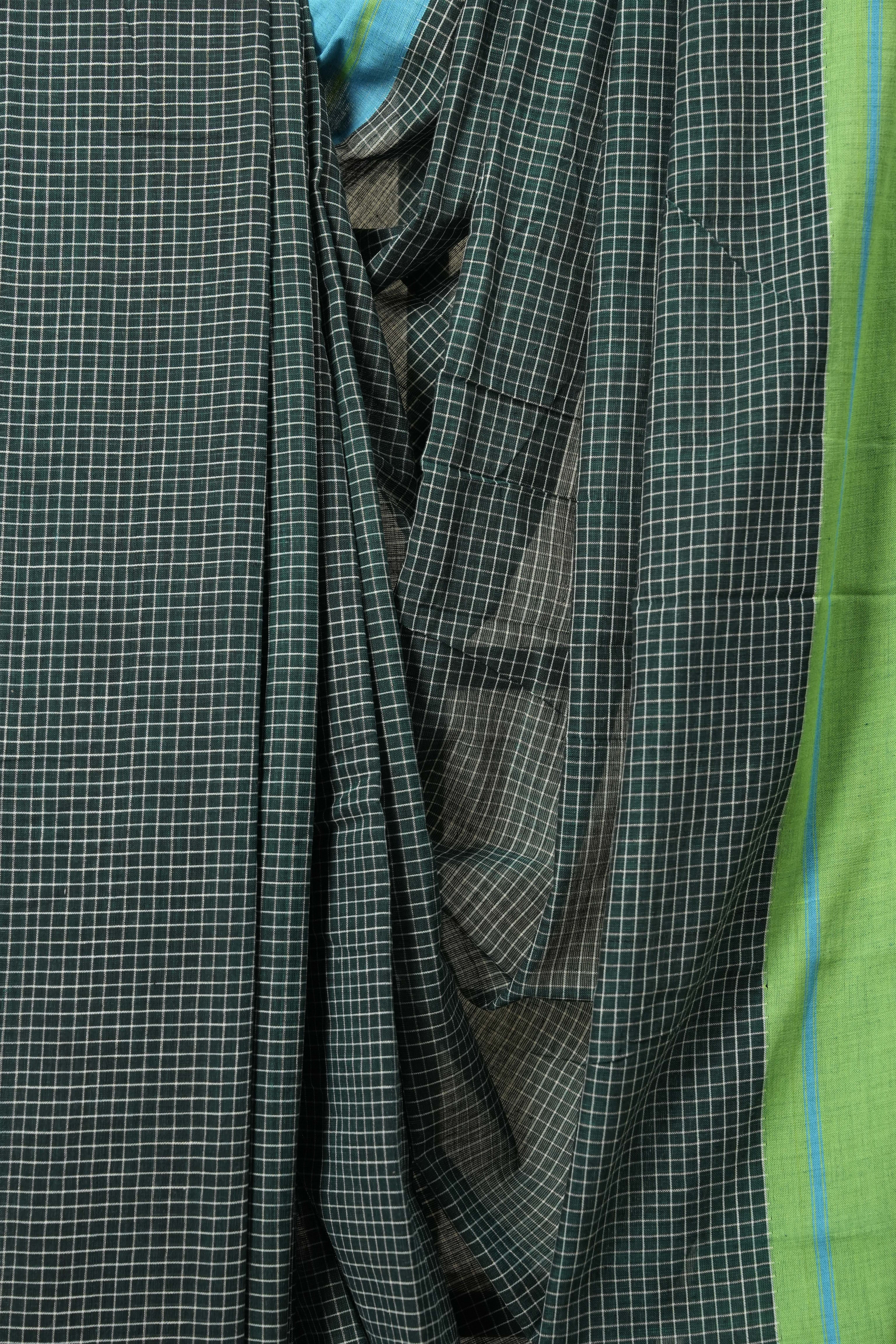 Green Big Checks Cotton Patteda Anchu Saree-SRGCPAS140