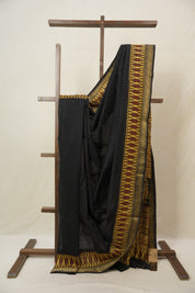 Black Cotton Silk Saree With Maheshwari Border - SRBCSS1493