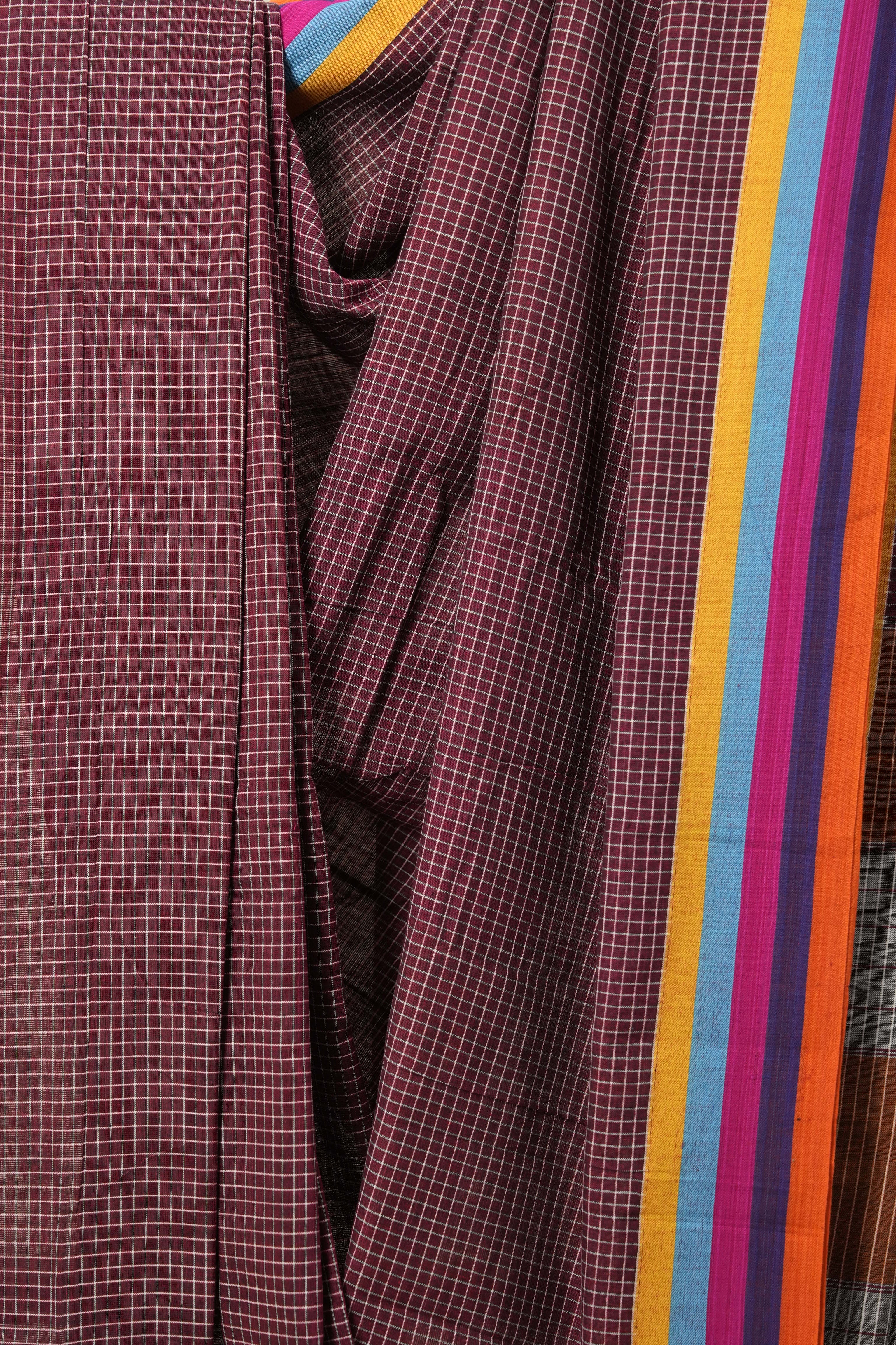 Maroon Big Checks Cotton Patteda Anchu Saree-SRMPAS53