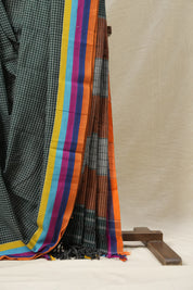 Green Big Checks Cotton Patteda Anchu Saree-SRGCPAS148