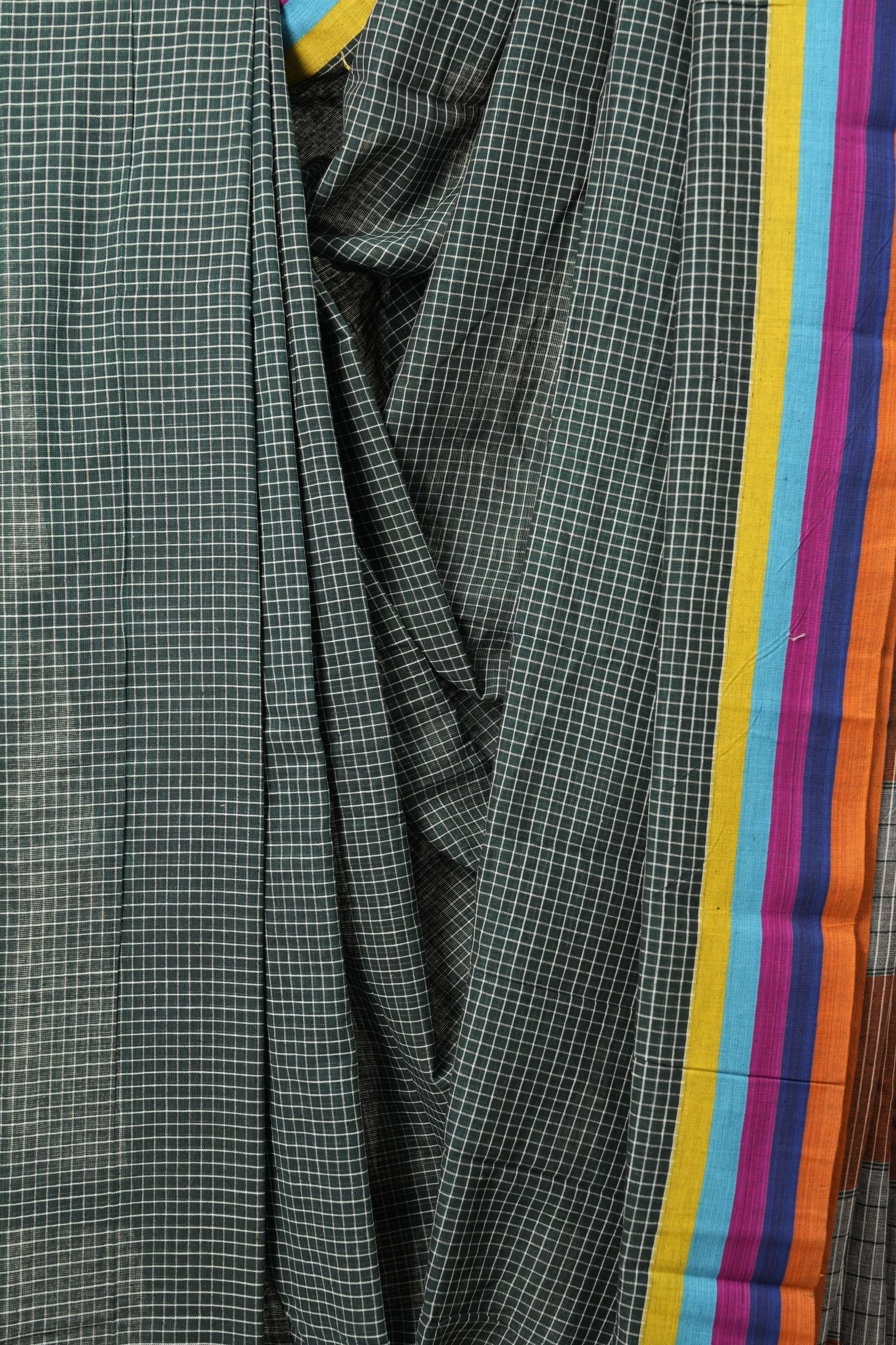 Green Big Checks Cotton Patteda Anchu Saree-SRGCPAS148