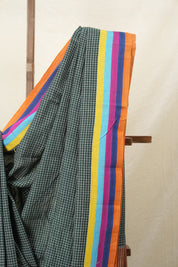 Green Big Checks Cotton Patteda Anchu Saree-SRGCPAS148