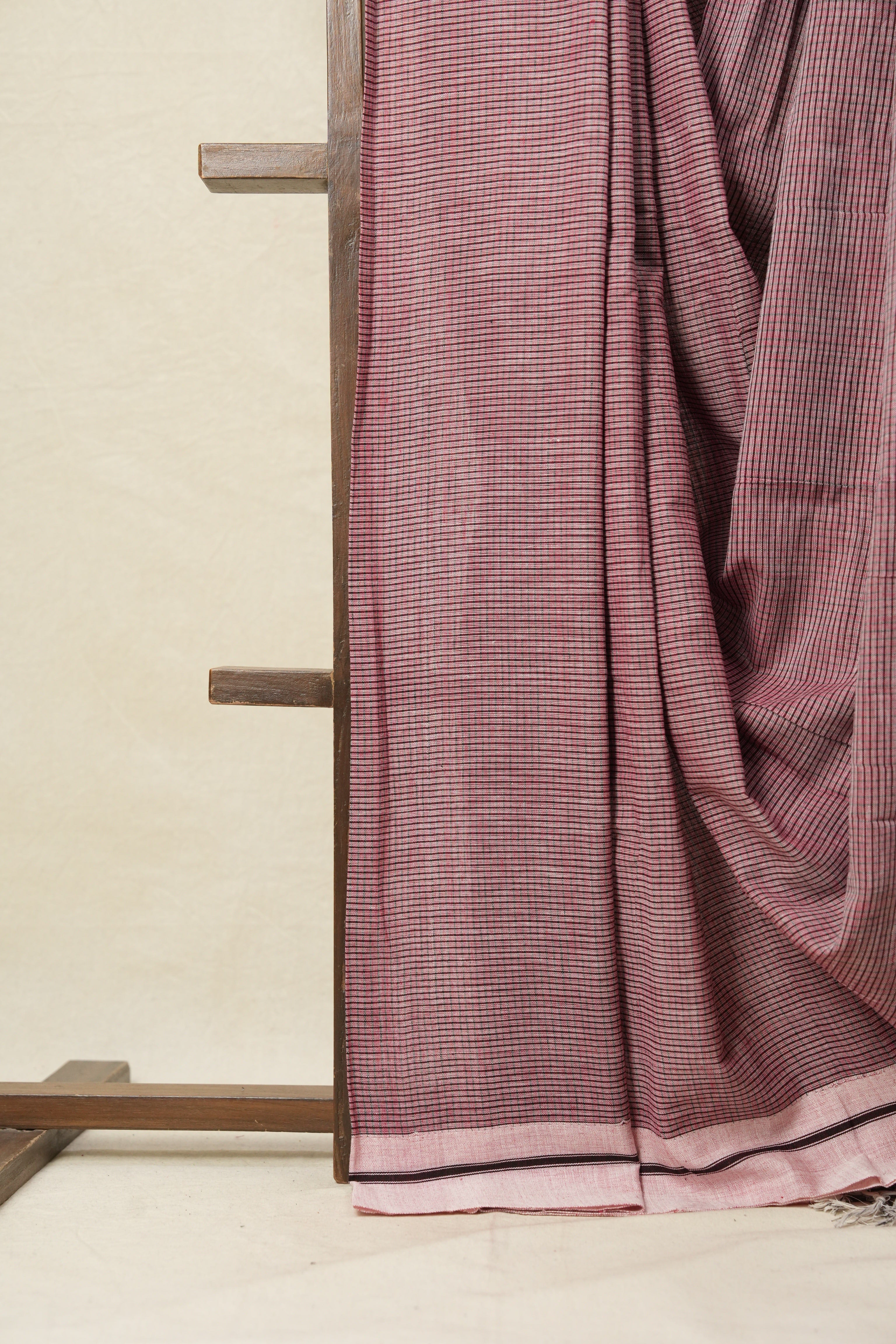 Dusty Pink Small Checks Cotton Patteda Anchu Saree-SRDPCPAS153